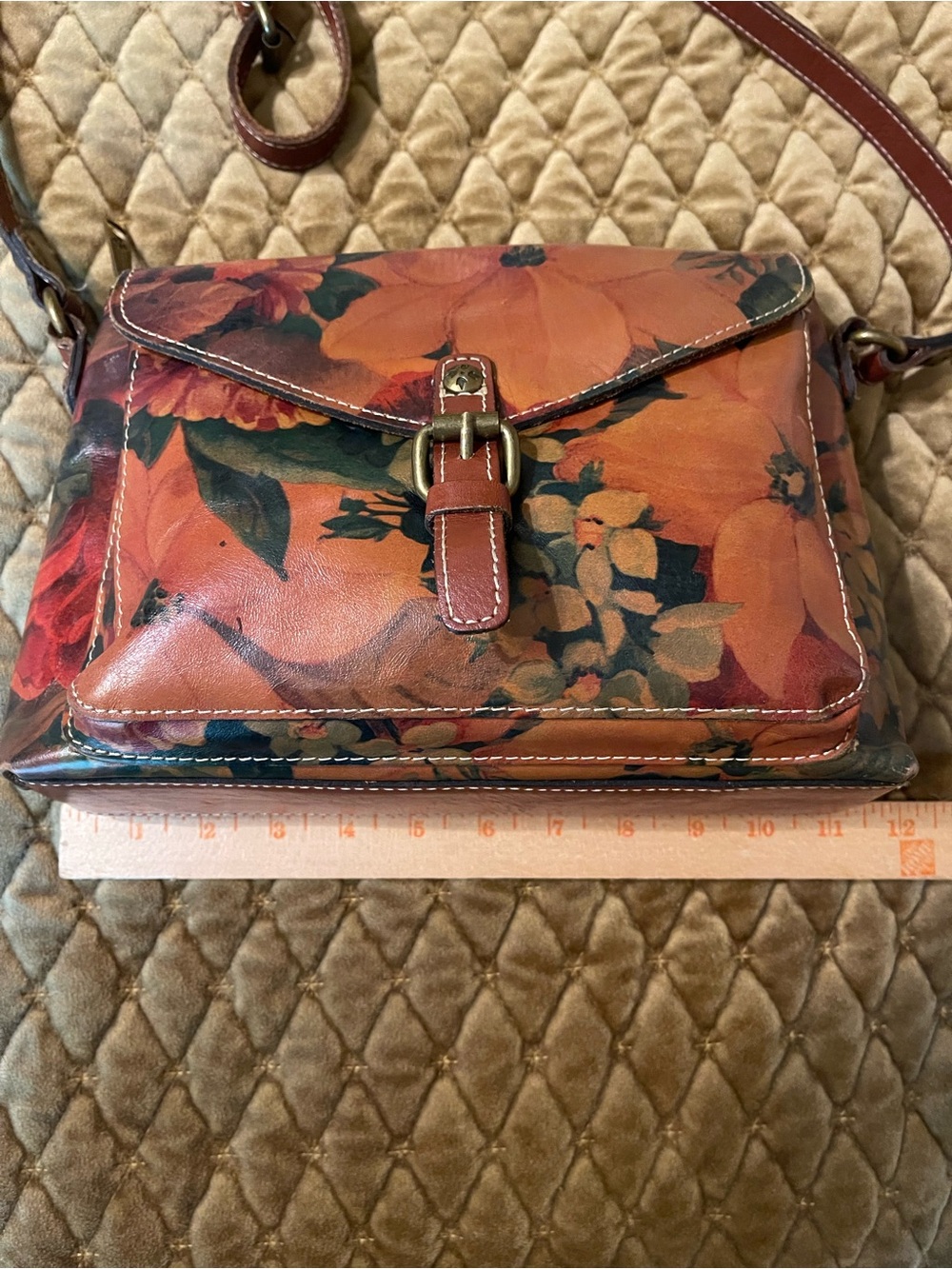 Patricia Nash Burnt Orange Floral Leather Crossbody with Buckle Detail - Picture 8 of 11